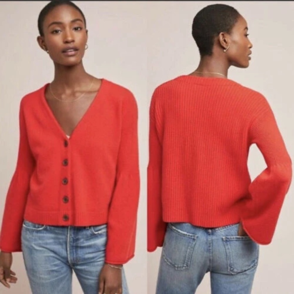 Anthropology Moth Bell Sleeve Red Button-Up Knit Cardigan Sweater Size Medium